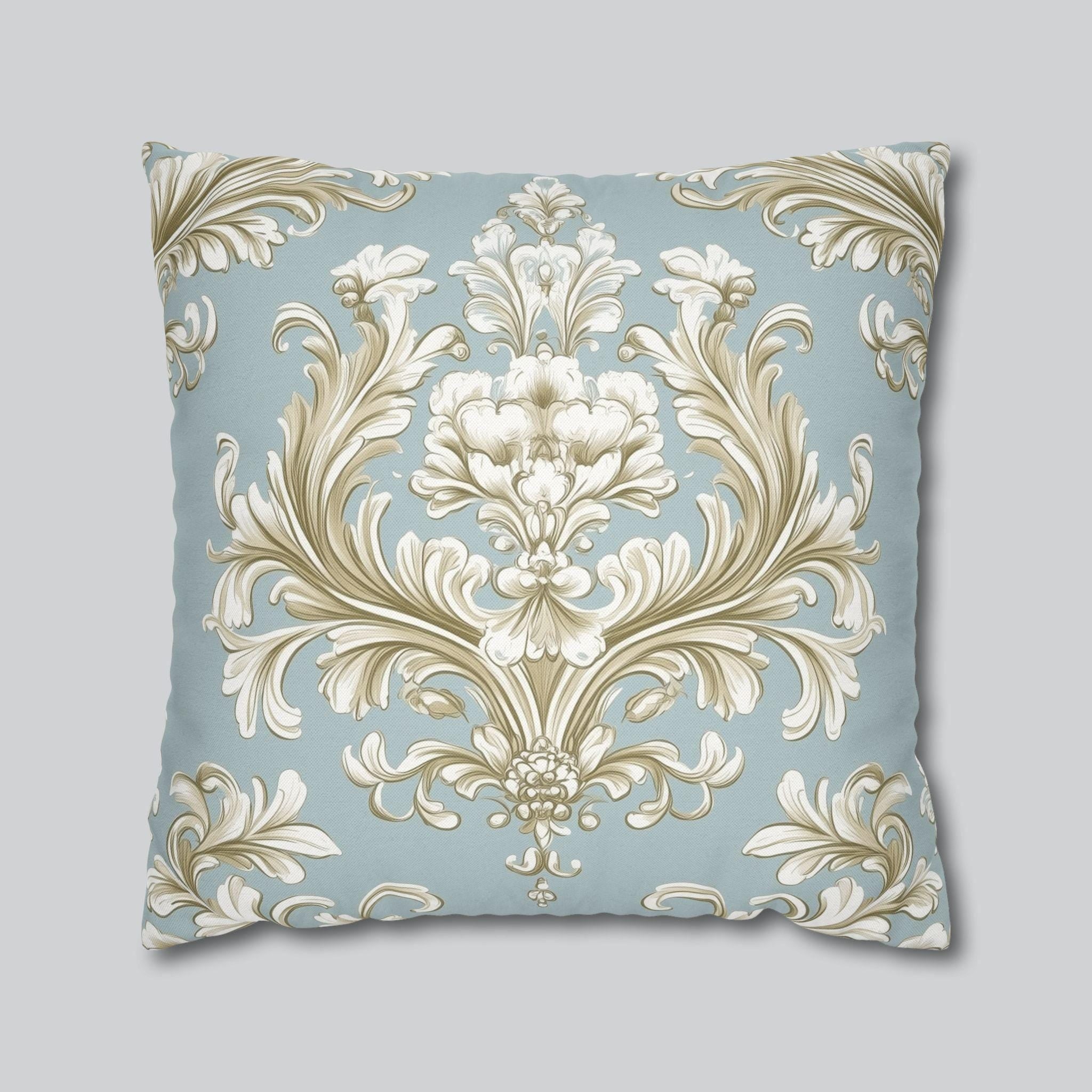 Elegant Baroque Floral Pillowcase: Champagne & Gold on Powder Blue - Luxurious Home Decor Gift
