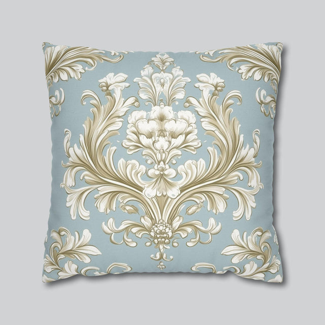 Elegant Baroque Floral Pillowcase: Champagne & Gold on Powder Blue - Luxurious Home Decor Gift