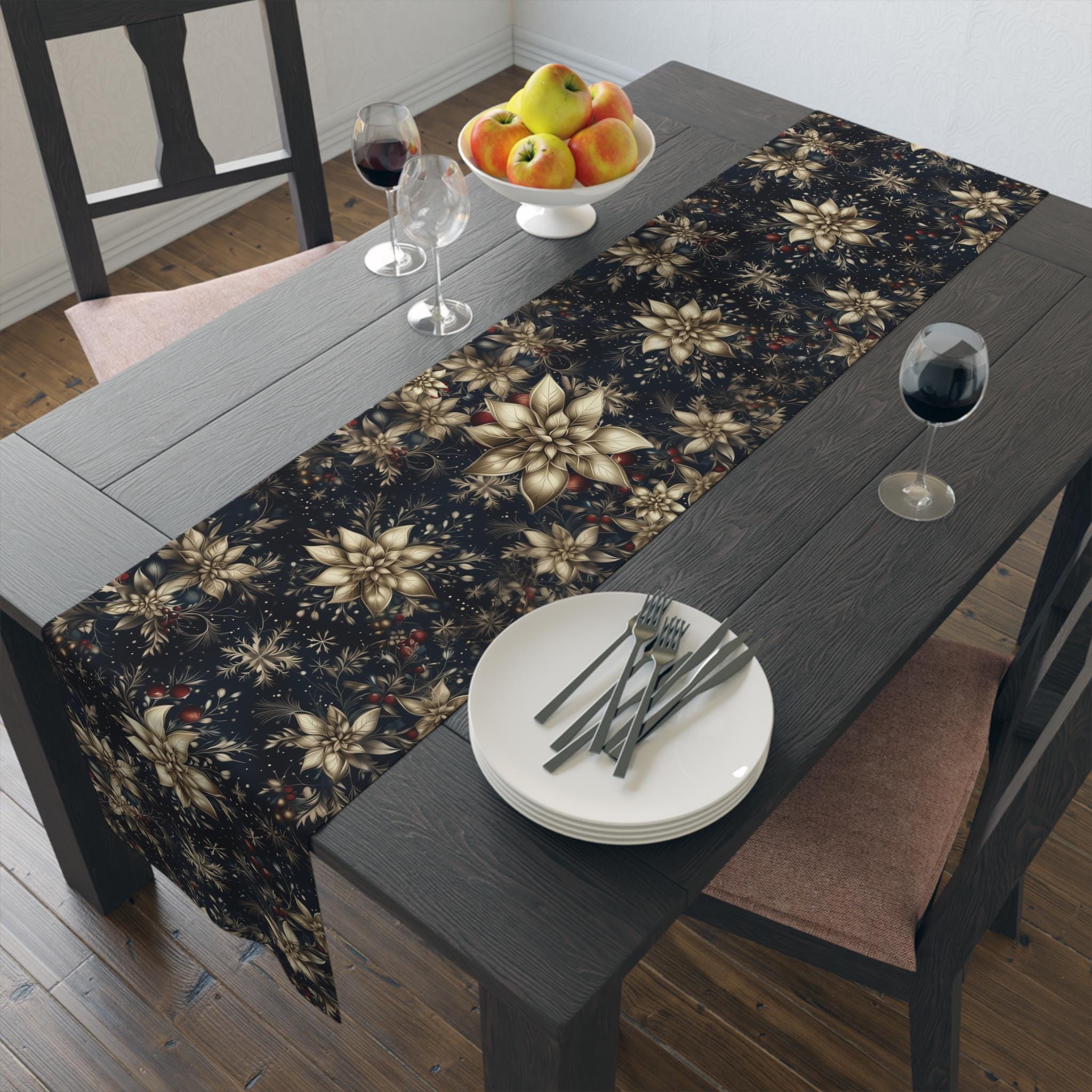Navy Blue Holiday Table Runner: Golden Poinsettia Design