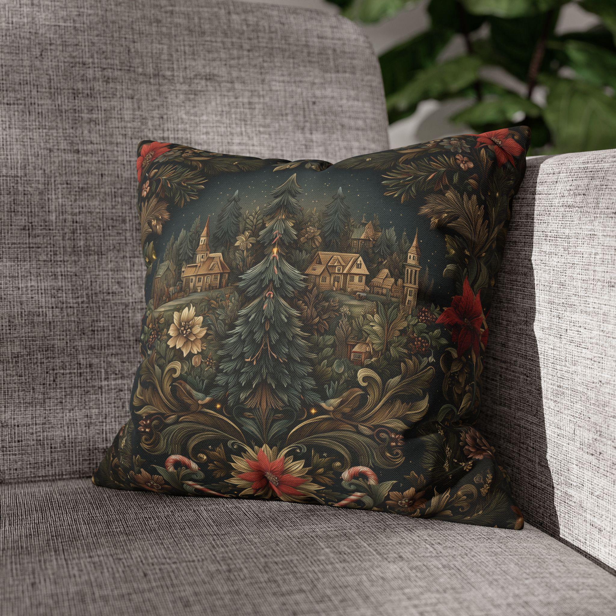 Storybook Village Christmas Pillow Cover: William Morris Style, Pine Green and Crimson Florals