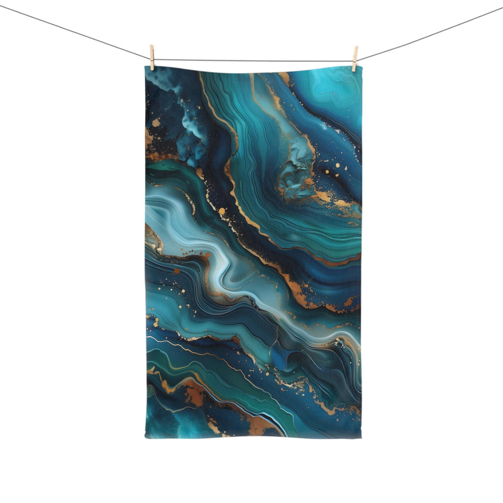 Ocean Wave Hand Towel: Teal Navy Marble Print with Gold Accents