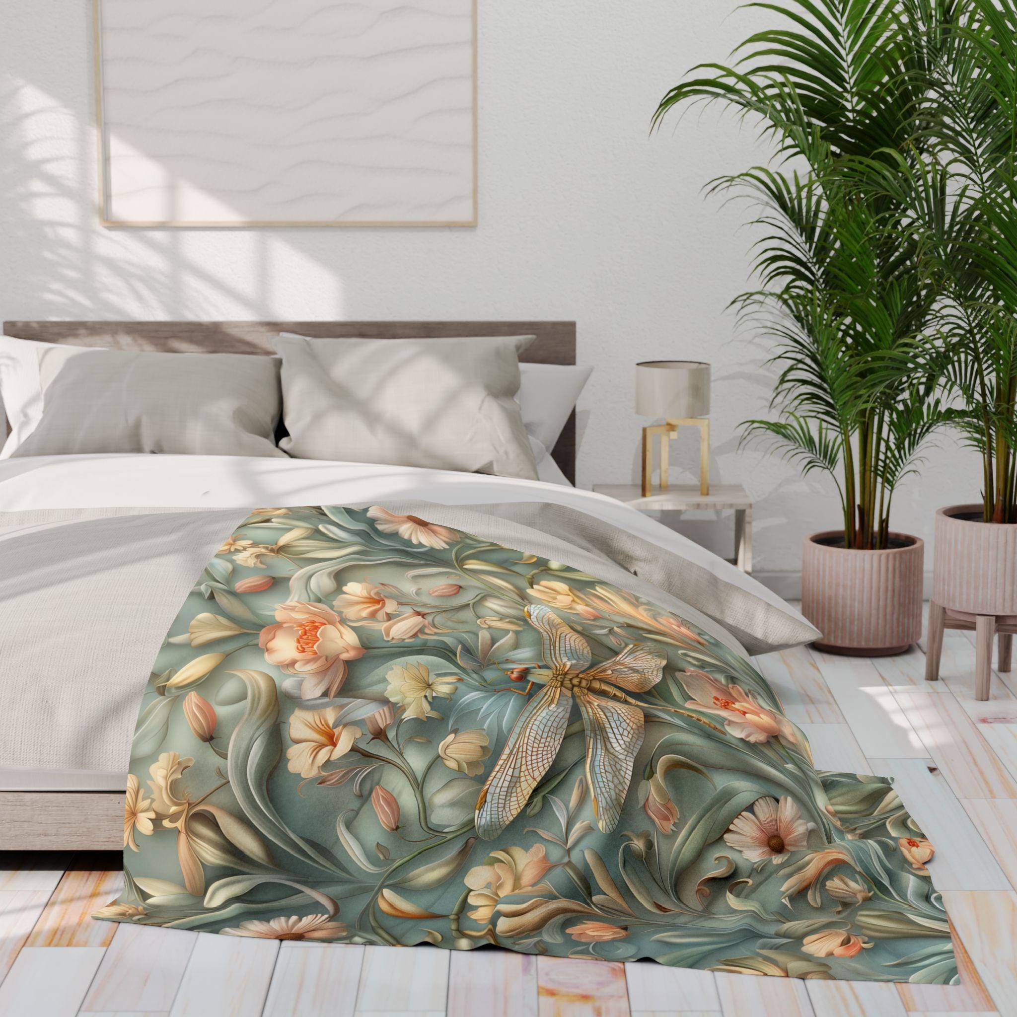 Luxurious William Morris Dragonfly Fleece Throw: Blue & Gold Wings, Pink Flowers, Elegant Nature Design