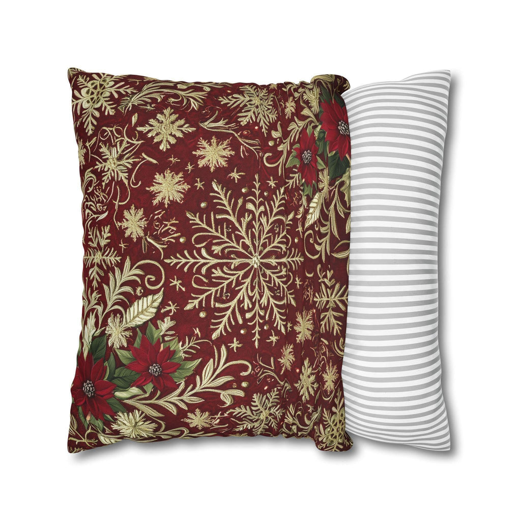 Christmas Snowflake Pillow Cover: Crimson Red Antique Gold with Deep Green Accents