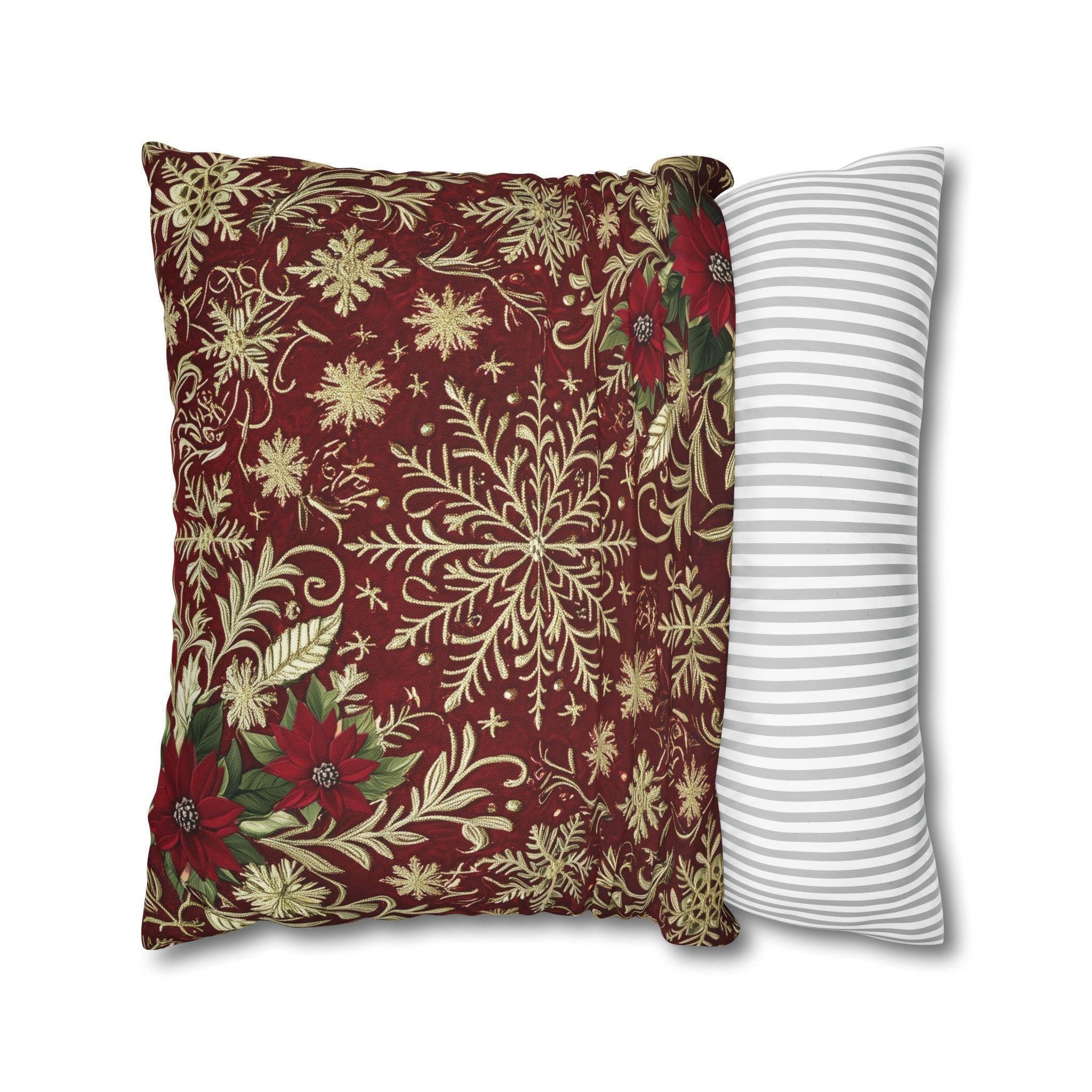 Christmas Snowflake Pillow Cover: Crimson Red Antique Gold with Deep Green Accents