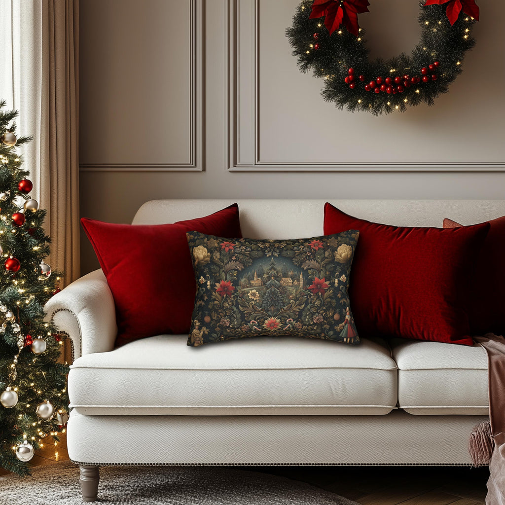 Storybook Village Christmas Lumbar Pillow: William Morris Style, Pine Green and Crimson Florals