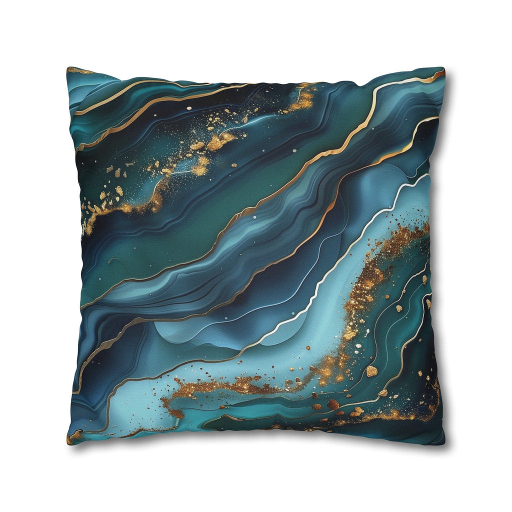 Teal Ocean Waves Pillow Cover: Blue & Gold Accent Cushion