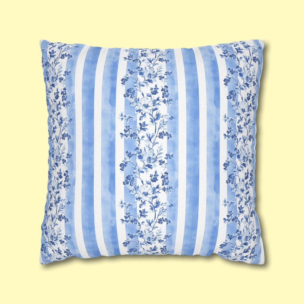 French Country Pillowcase: Blue & White Floral Striped Cushion Cover