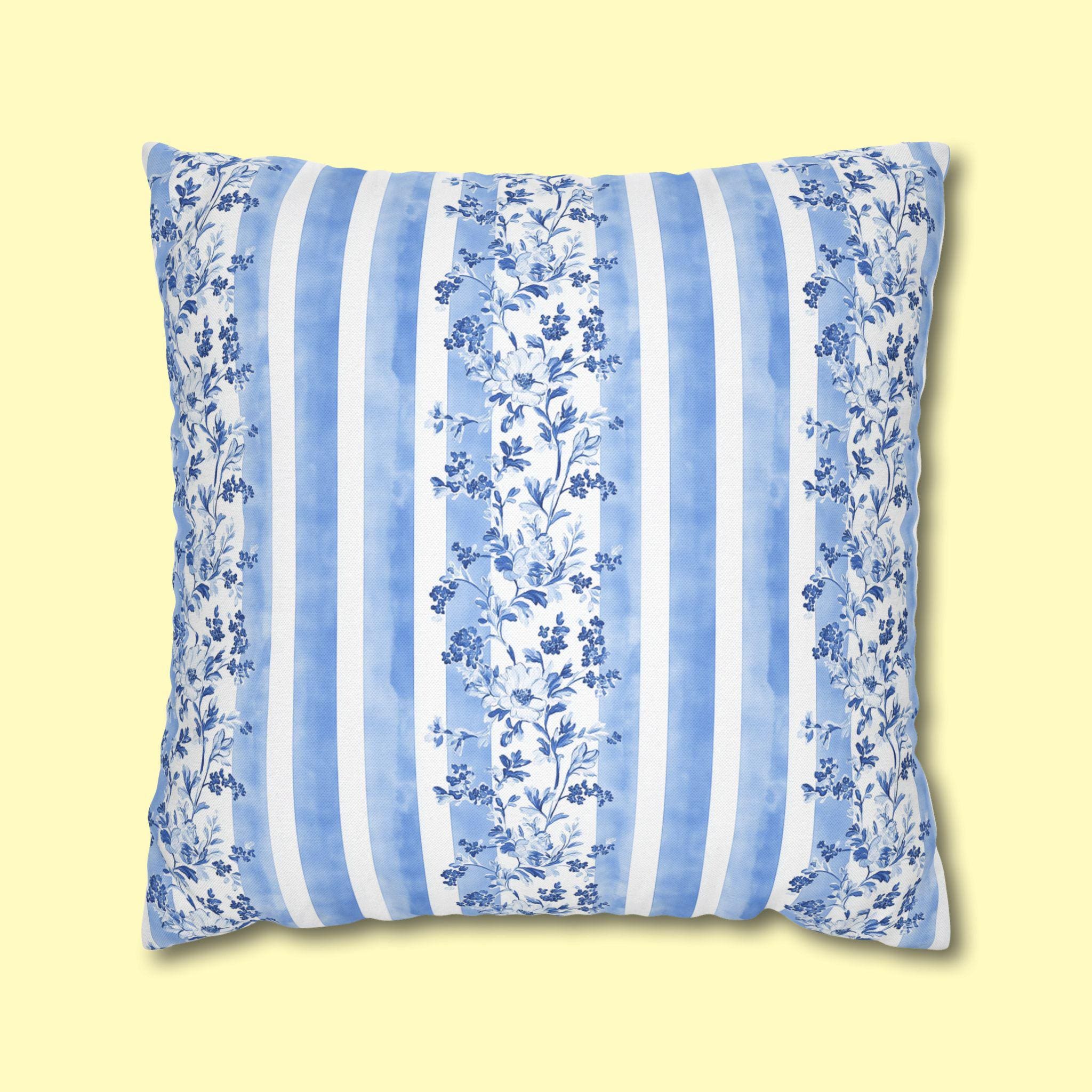 French Country Pillowcase: Blue & White Floral Striped Cushion Cover
