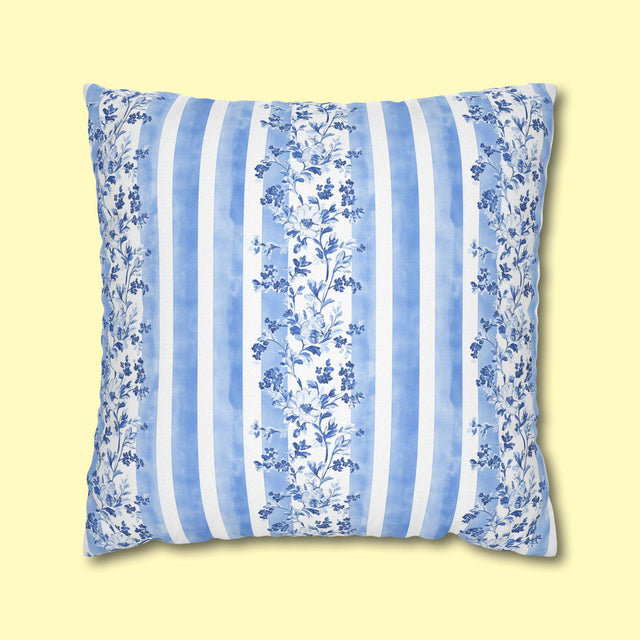 French Country Pillowcase: Blue & White Floral Striped Cushion Cover
