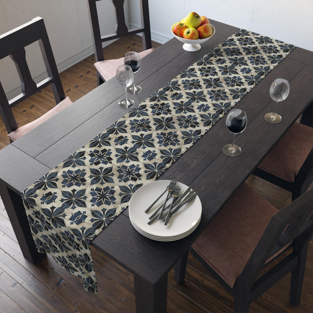 Moroccan Tile-Inspired Table Runner Geometric Pattern, Navy Blue Beige