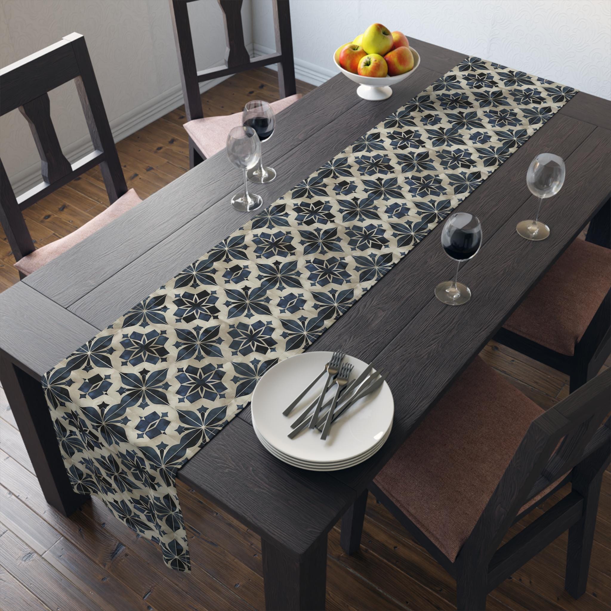 Moroccan Tile-Inspired Table Runner Geometric Pattern, Navy Blue Beige