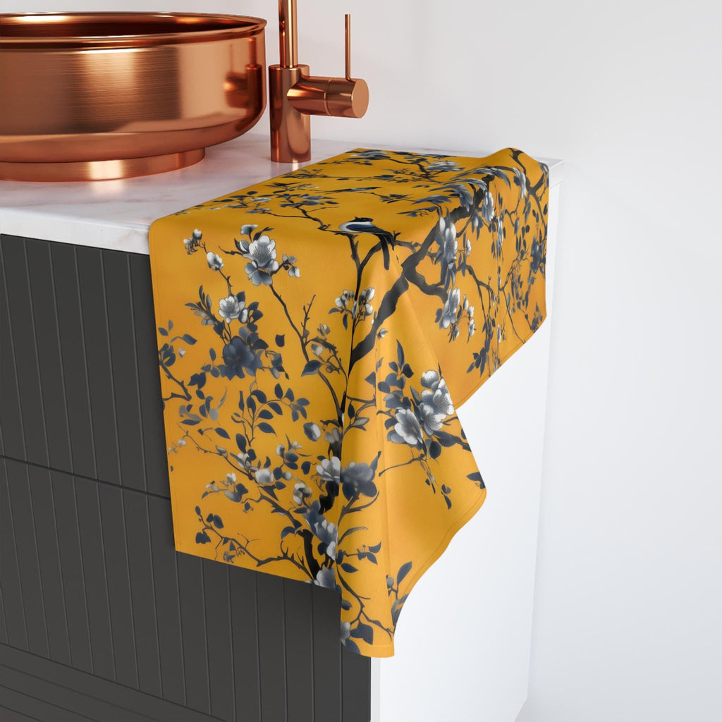 Chinoiserie Blue Birds Hand Towel: Golden Yellow Floral Botanical Bathroom Accent Asian Inspired