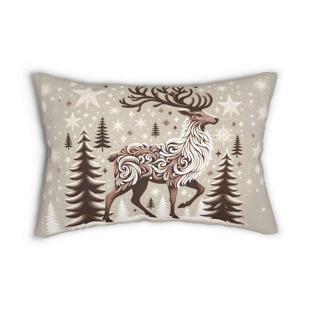 Flocked Reindeer: Intricately Detailed Lumbar Pillow with Snowy Winter Backdrop
