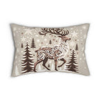 Flocked Reindeer: Intricately Detailed Lumbar Pillow with Snowy Winter Backdrop