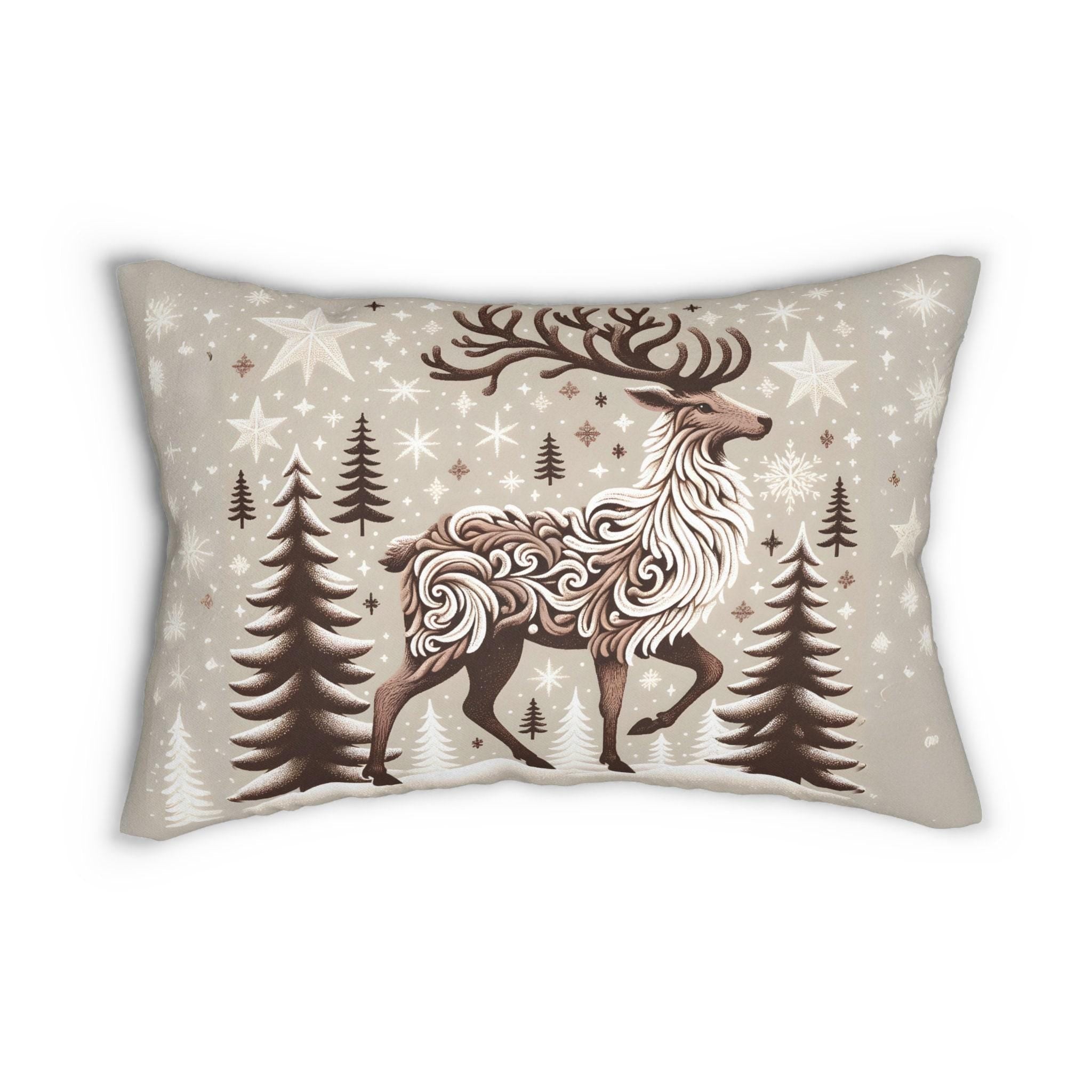 Flocked Reindeer: Intricately Detailed Lumbar Pillow with Snowy Winter Backdrop