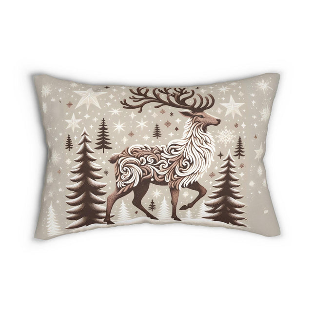 Flocked Reindeer: Intricately Detailed Lumbar Pillow with Snowy Winter Backdrop