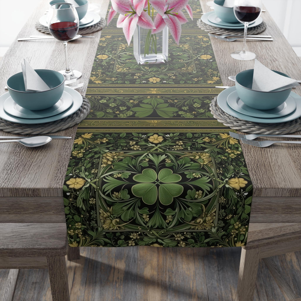 Celtic Clover Botanical Table Runner: William Morris Inspired Green Tapestry