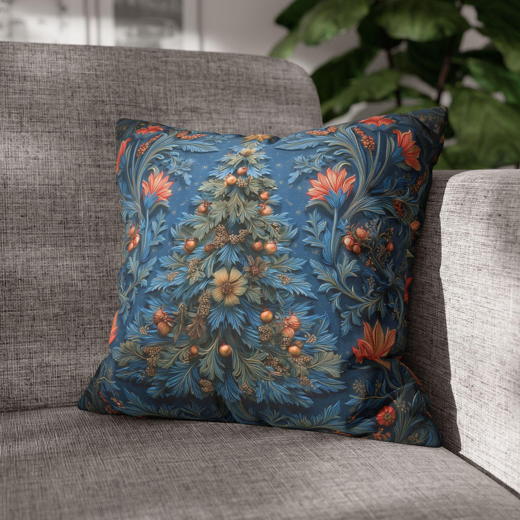 William Morris Inspired Christmas Tree Pillow Cover: Vintage Floral Holiday Design in Navy & Copper