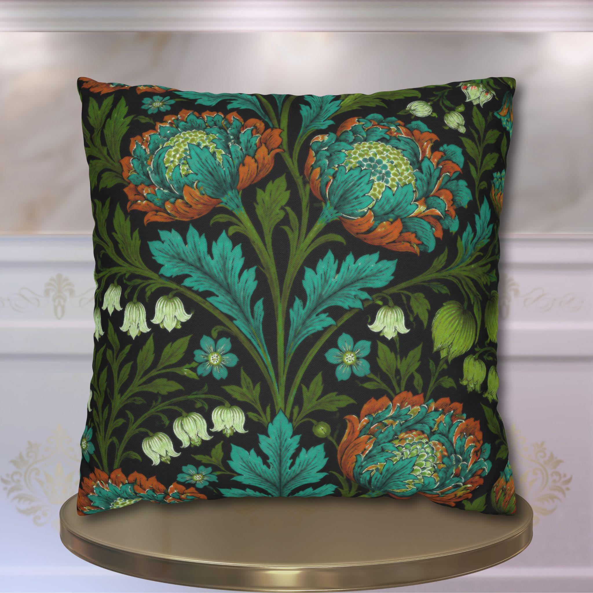 William Morris Style Throw Pillow Cover: Moody Teal Blue, Burnt Orange, & Deep Olive