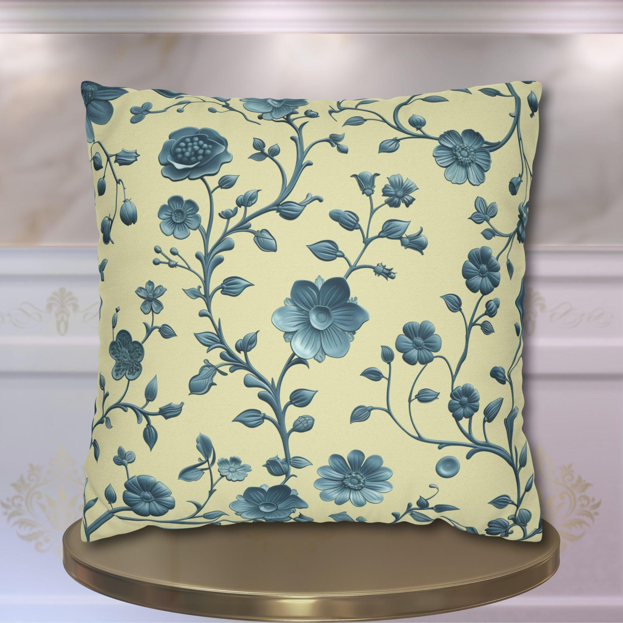 Elegant Chinoiserie Floral Pillow: Teal & Buttery Yellow Botanical Cushion for Classic or Modern Decor