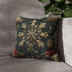 Holiday Snowflake Square  Pillowcase, Elegant Christmas Decor, Luxury Green & Gold Pillow Sham