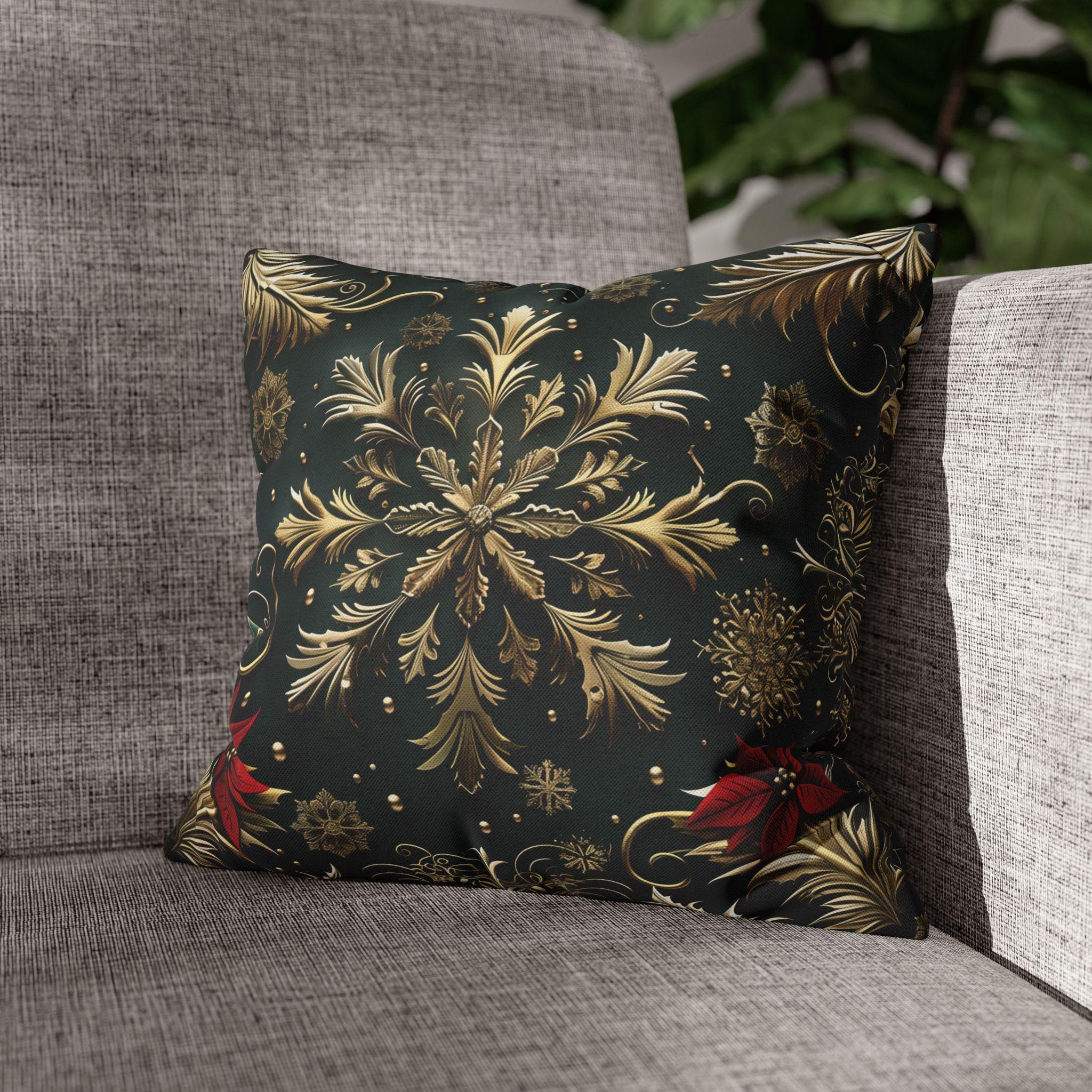 Holiday Snowflake Square  Pillowcase, Elegant Christmas Decor, Luxury Green & Gold Pillow Sham