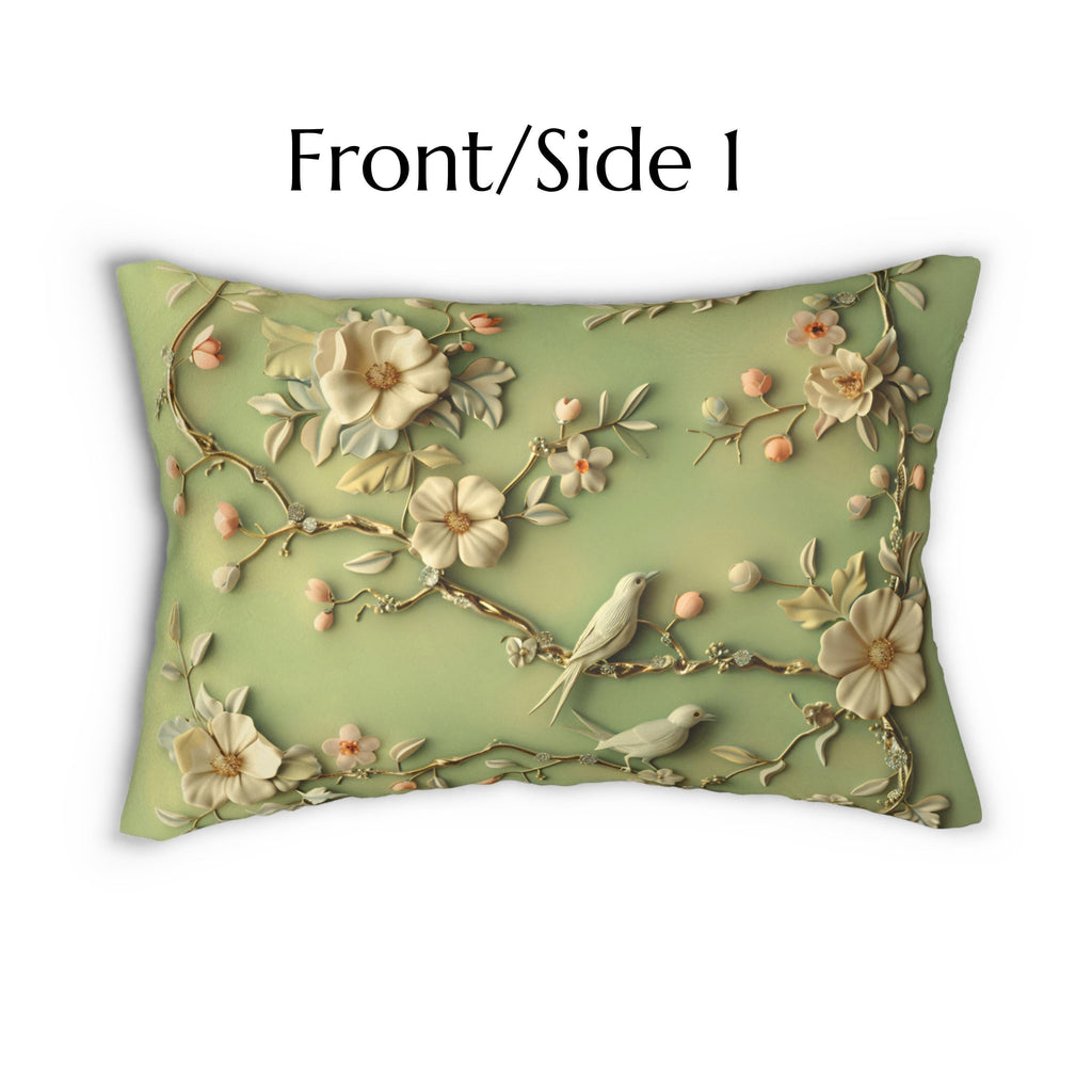 Lumbar Pillow: Chinoiserie Birds and Flowers - Pastel Sage Green