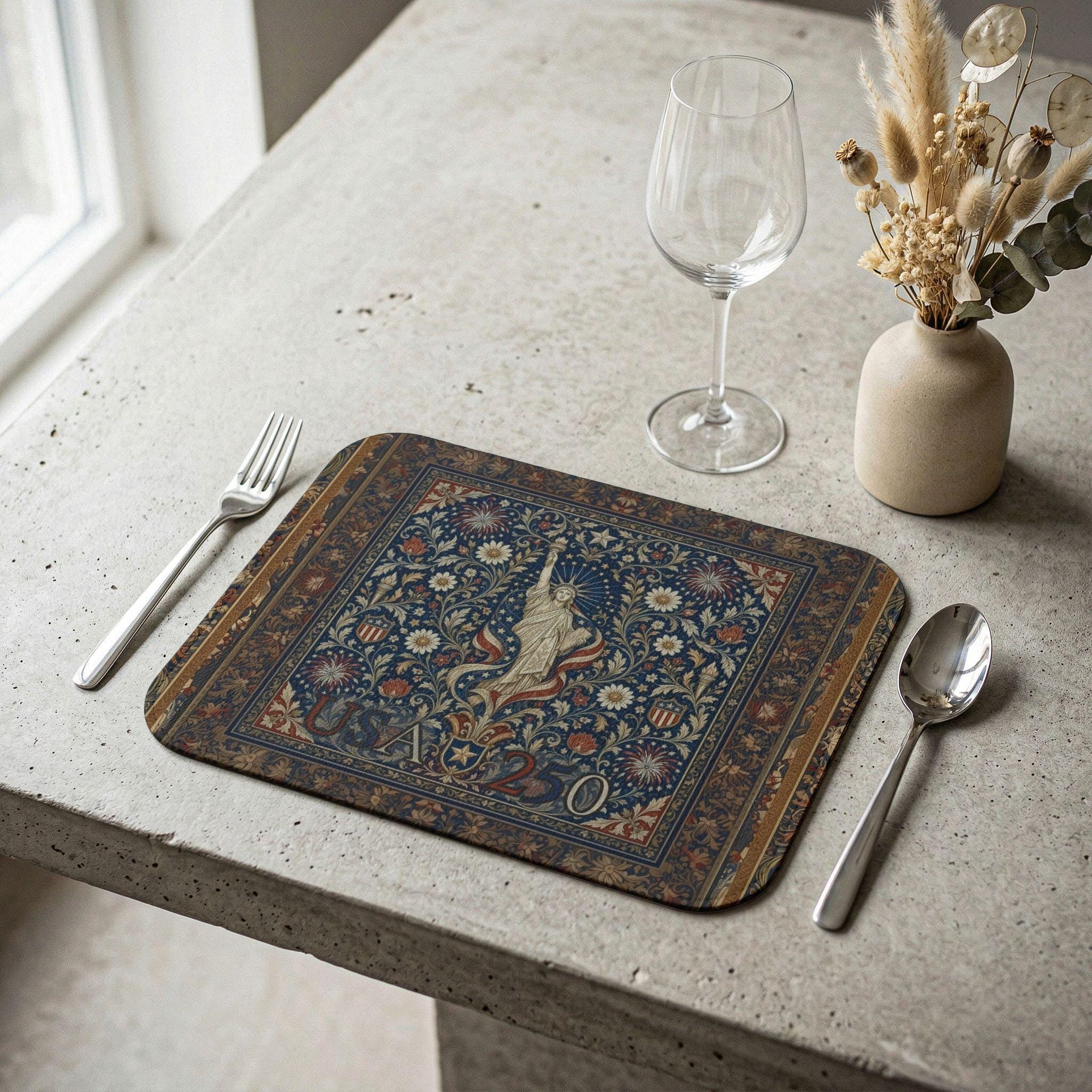 Patriotic Floral Tapestry Leather Placemat: USA 250 Keepsake Decor