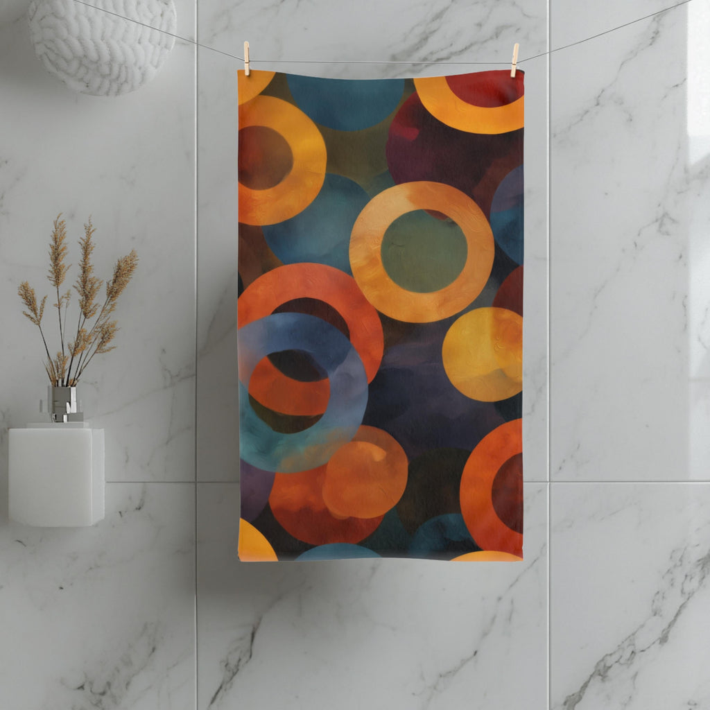Retro Bold Circle Pattern Hand Towel: Burnt Orange, Gold, Teal on Black Background