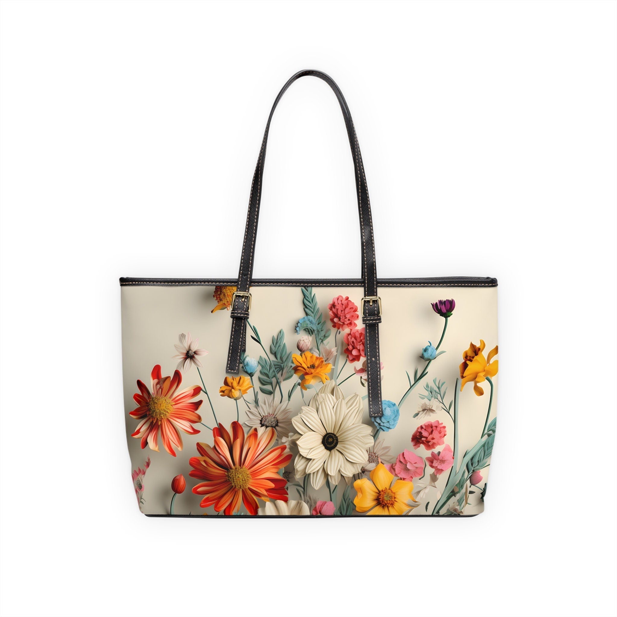 Vintage-Inspired Wildflower Shoulder Bag: Oversized PU Leather Tote with Artistic Floral Design
