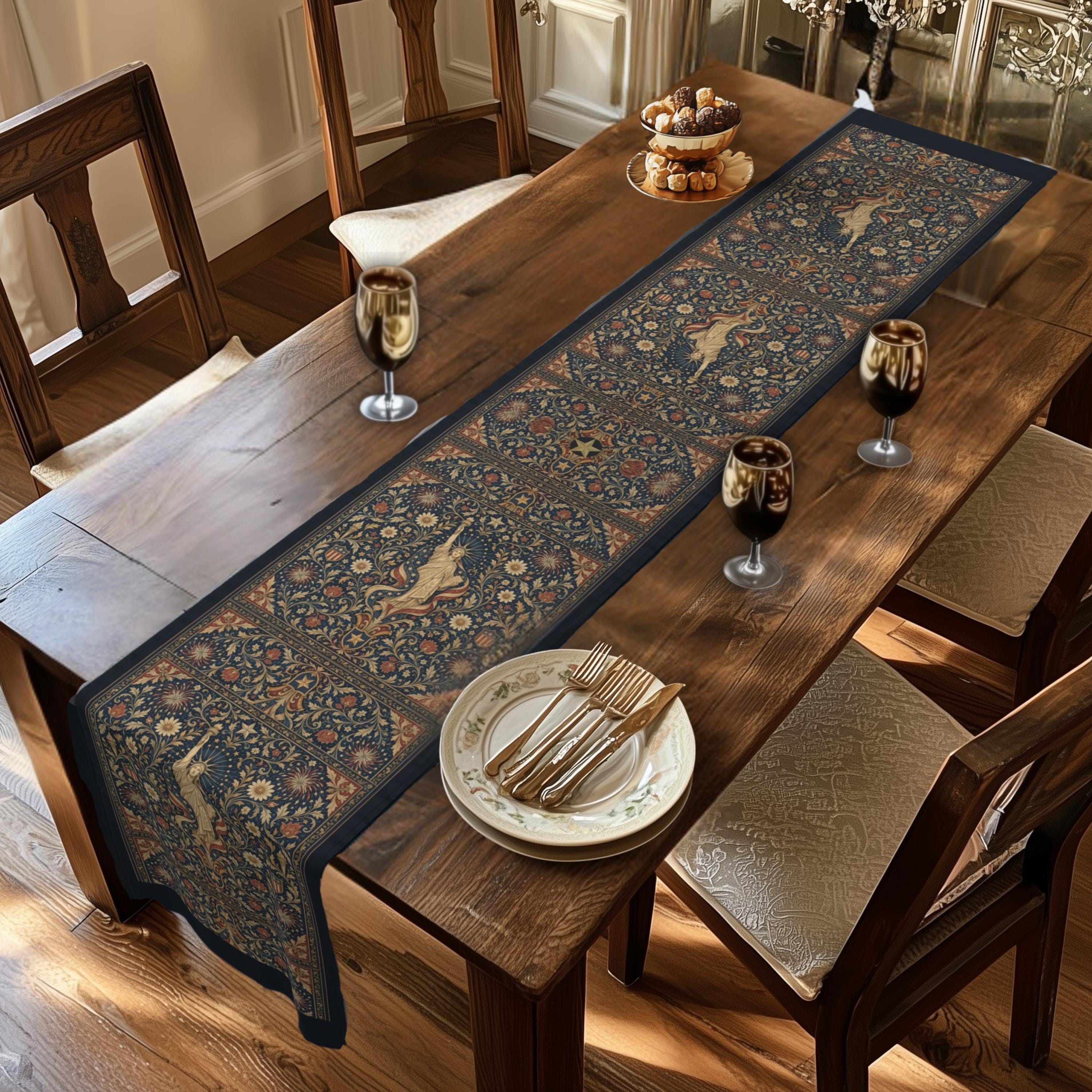 Patriotic Table Runner: Americana Statue of Liberty Botanical Design