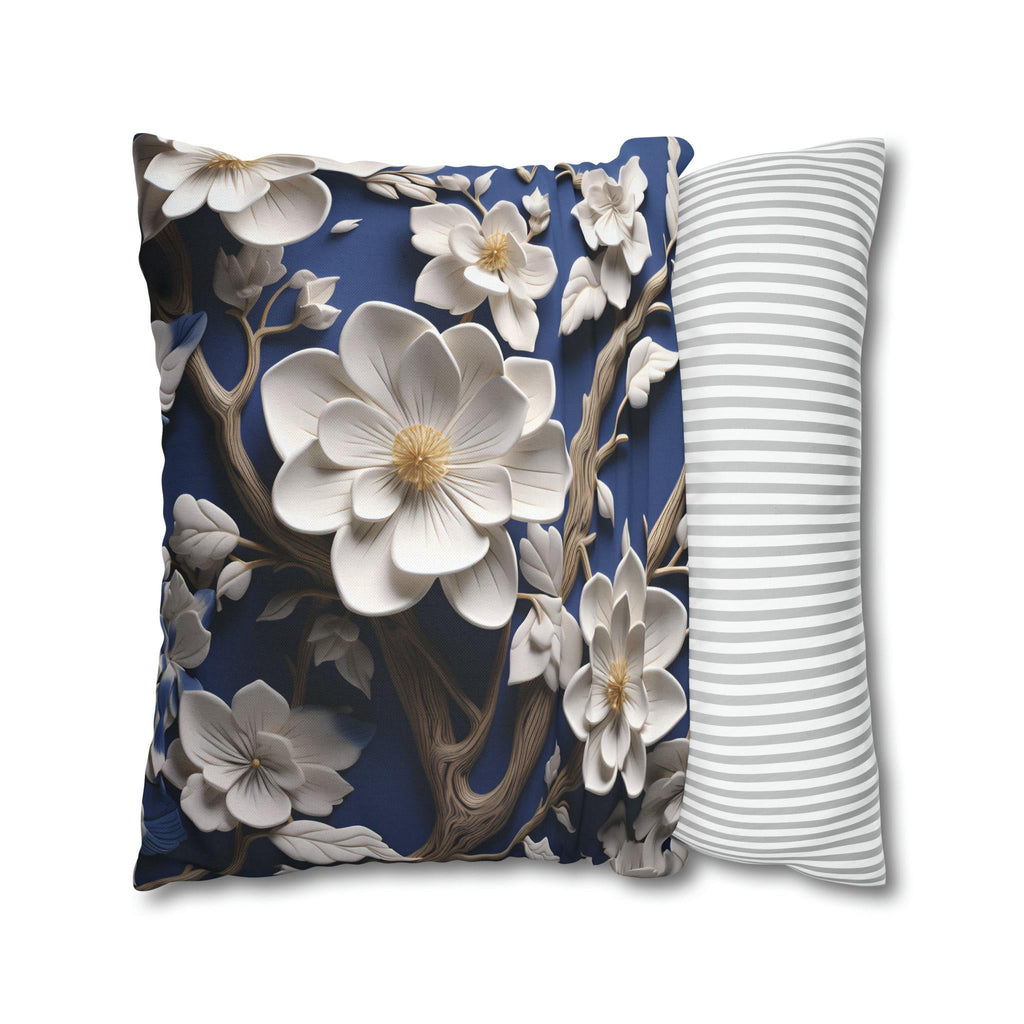 Elegant Chinoiserie White Blossom Pillow Cover | Blue Floral Art | Serene Asian-Inspired Decor