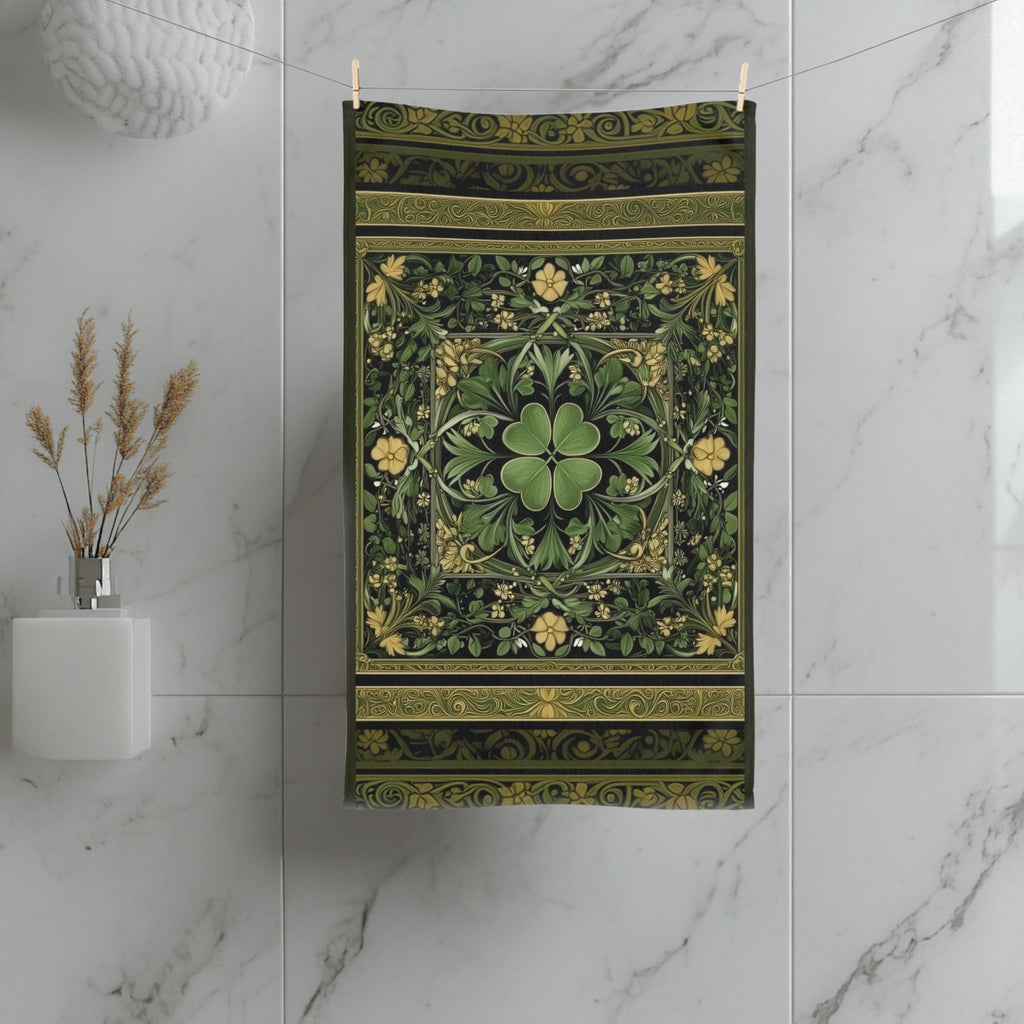 Celtic Clover Botanical Hand Towel: William Morris Inspired Green Tapestry for Bath or Kitchen