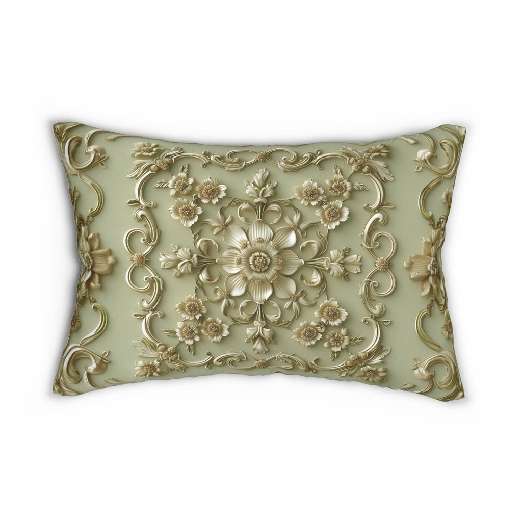 Sage Green French Floral Lumbar Pillow: Elegant Gold Blooms for Luxurious Living Room Decor
