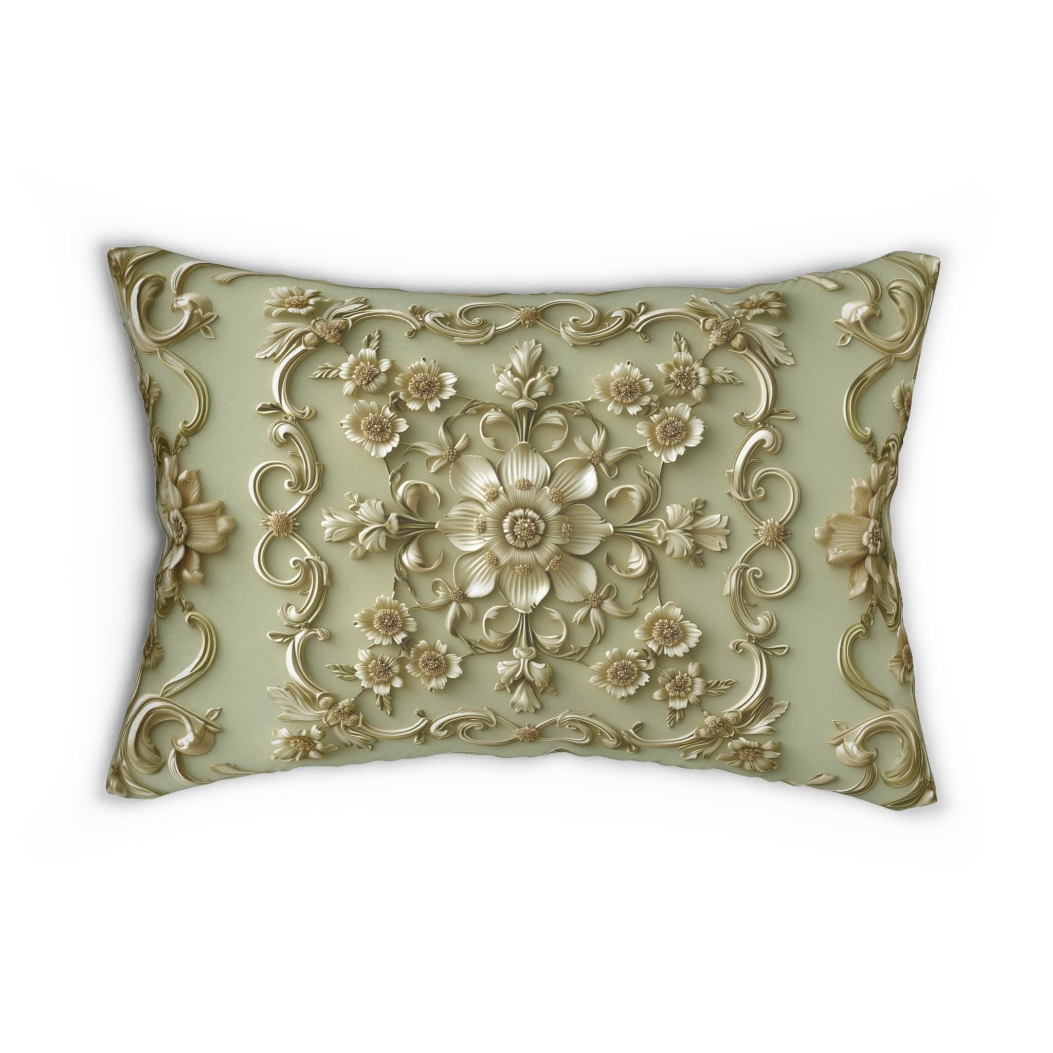 Sage Green French Floral Lumbar Pillow: Elegant Gold Blooms for Luxurious Living Room Decor