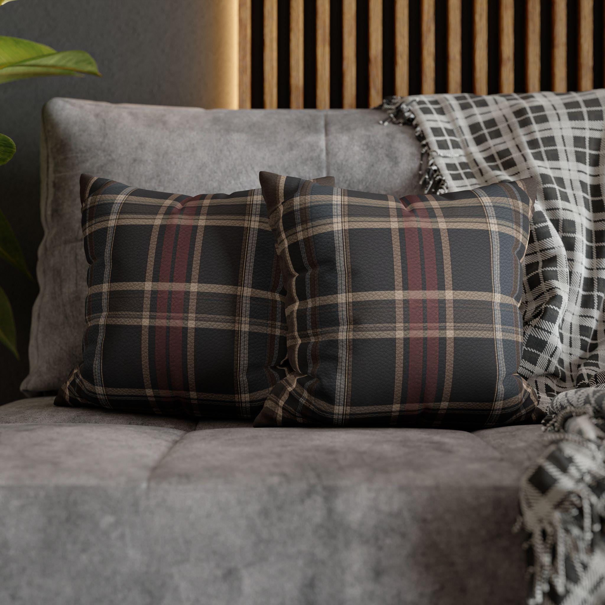 Vegan Faux Suede Material Printed Pillow Cover: Modern Plaid Soft Leather-Look