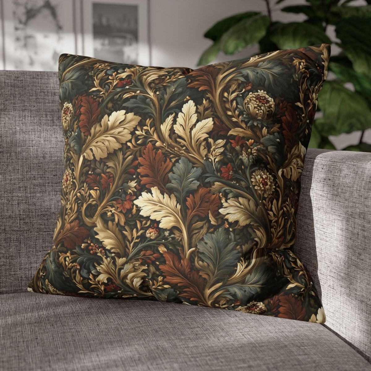 Fall Leaves Pattern Pillow Cover: Vintage Botanical Accent Cushion in Rust, Blue, and Cream