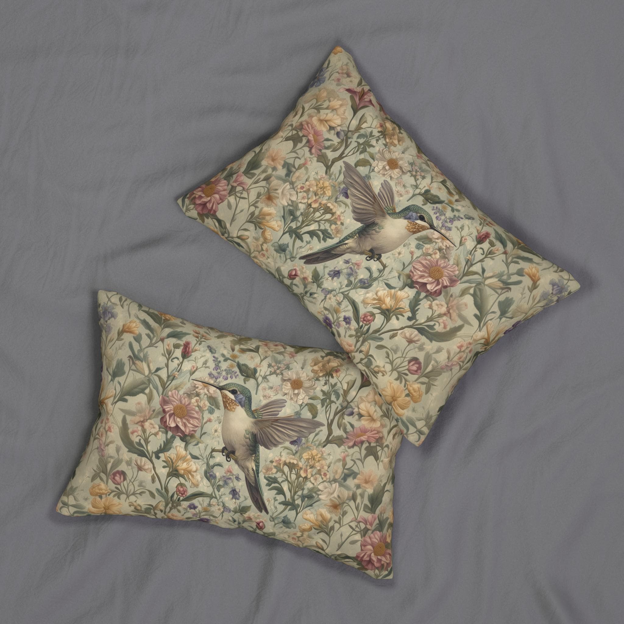 William Morris Inspired Hummingbird Tapestry Lumbar Pillow - Botanical Arts & Crafts Floral Cushion