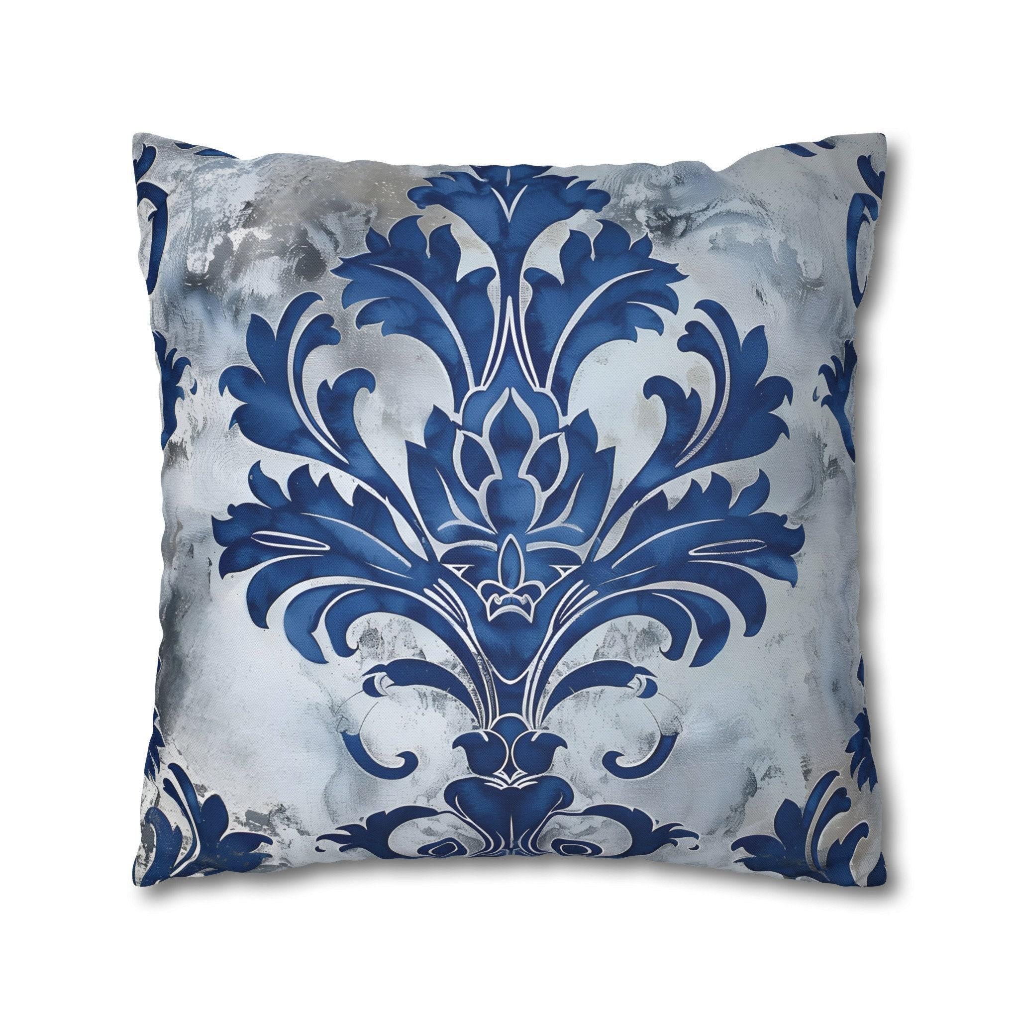 Elegant Royal Blue & Silver Baroque Floral Square Pillow Cover for Upscale Living Room Decor