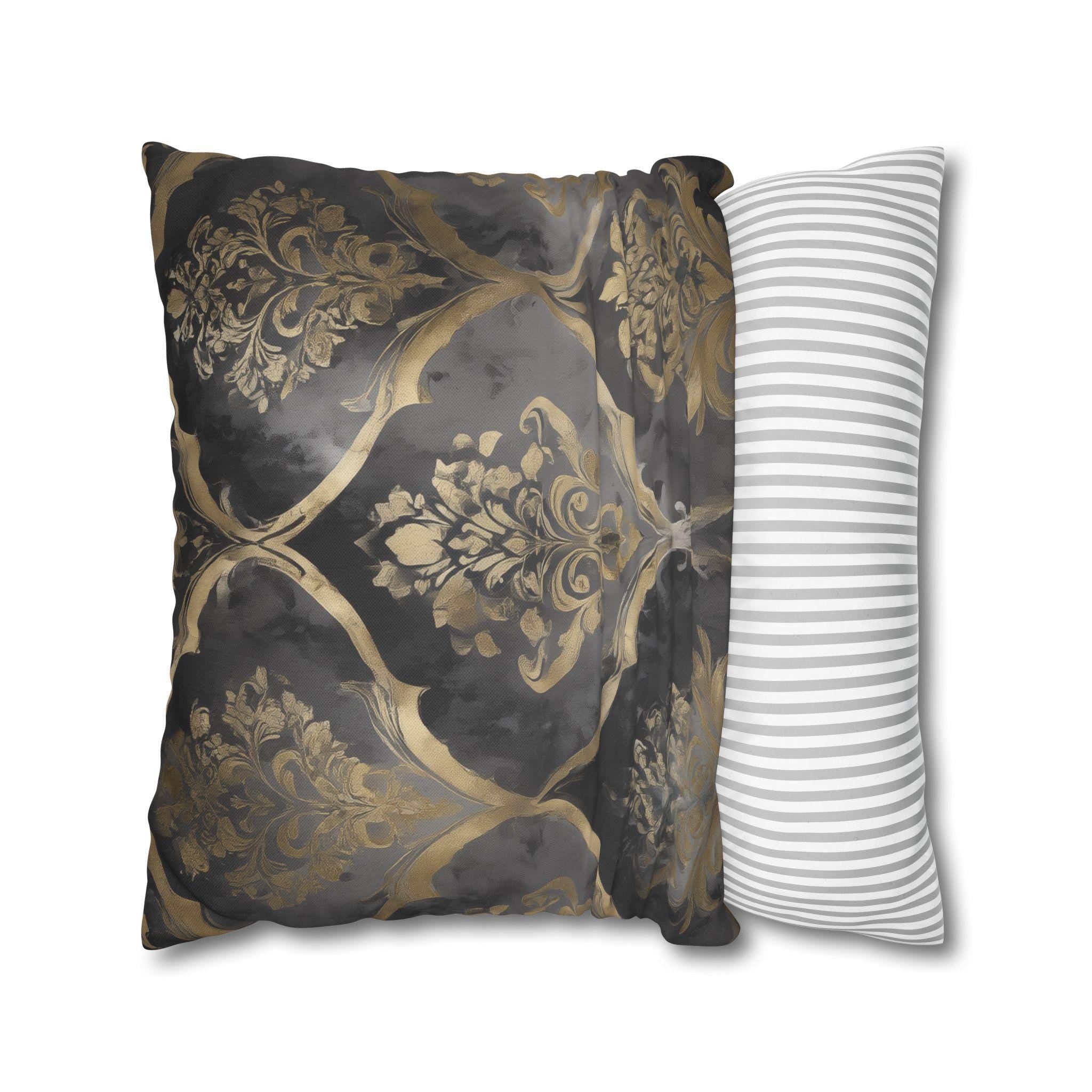 Luxurious Reversible Gold Damask Pillow Cover: Charcoal Gray Decorative Cushion for Elegant Home Decor
