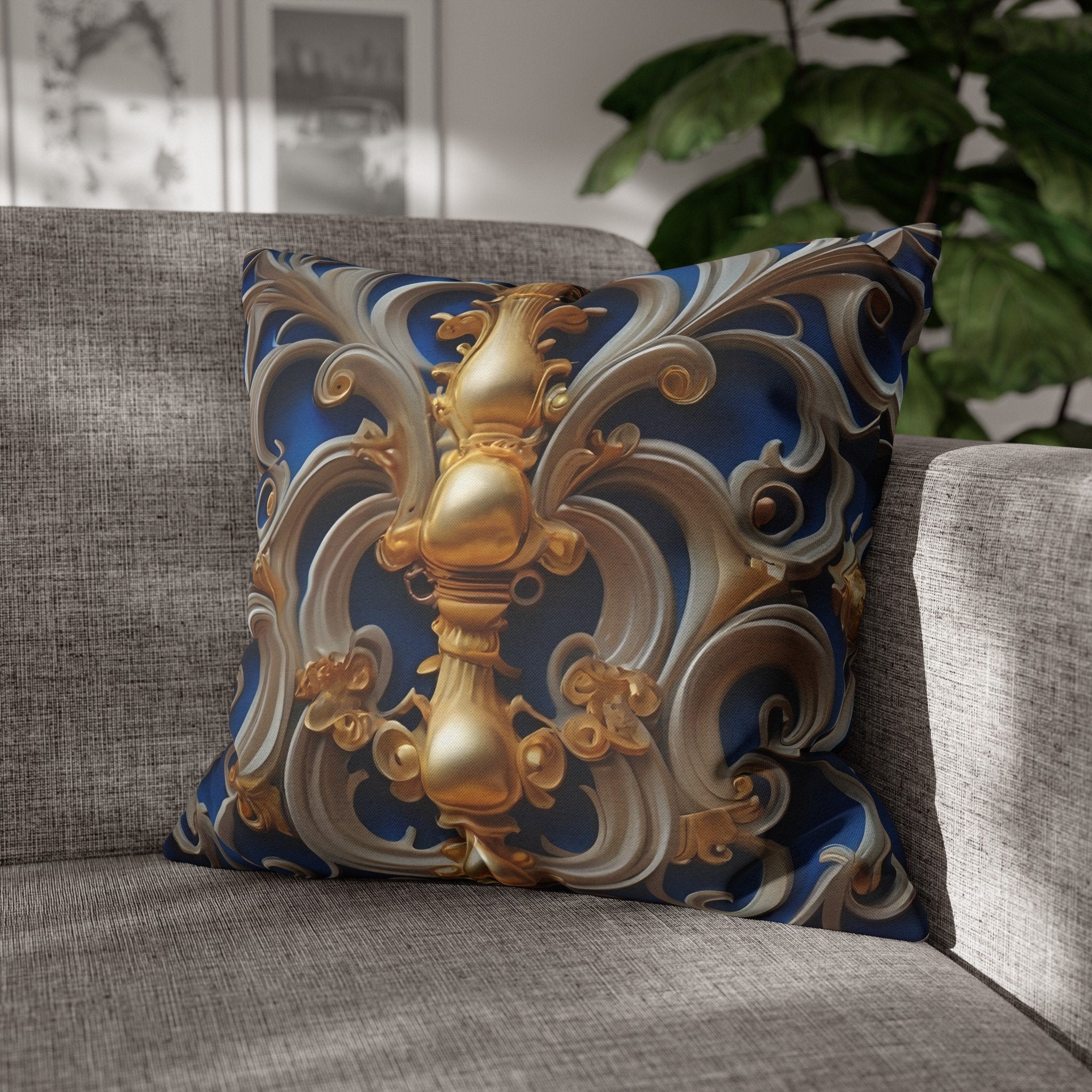 Opulent Baroque-Inspired Blue & Gold Throw Pillow Cover: Luxurious Ornate Symmetrical Design Cushion