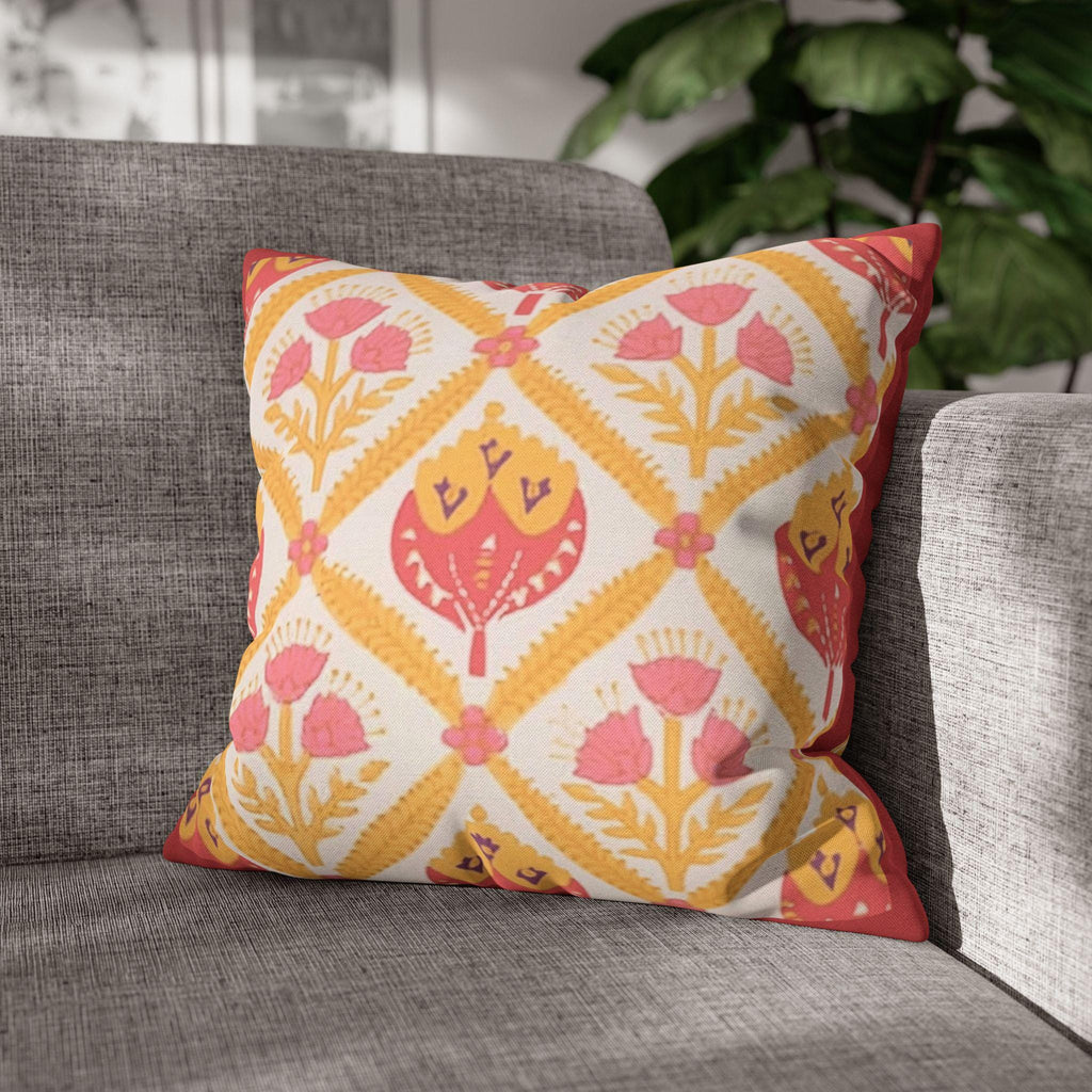 Reversible Floral Pillowcase: Pink & Coral Blossoms with Diamond Lattice - Decorative Home Accent Gift