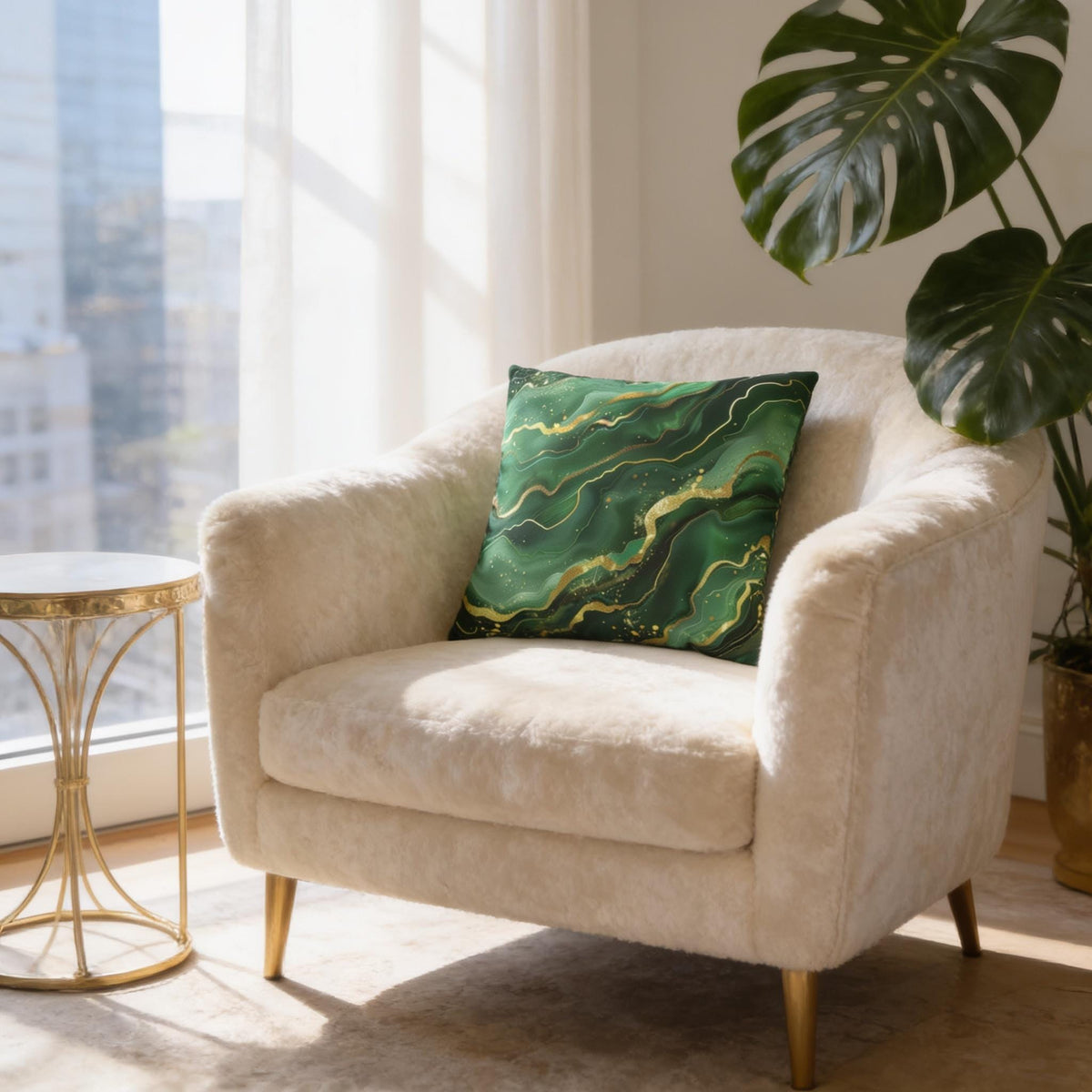 Green Waves Throw Pillow Cover: Emerald  and Deep Green with Gold Accents