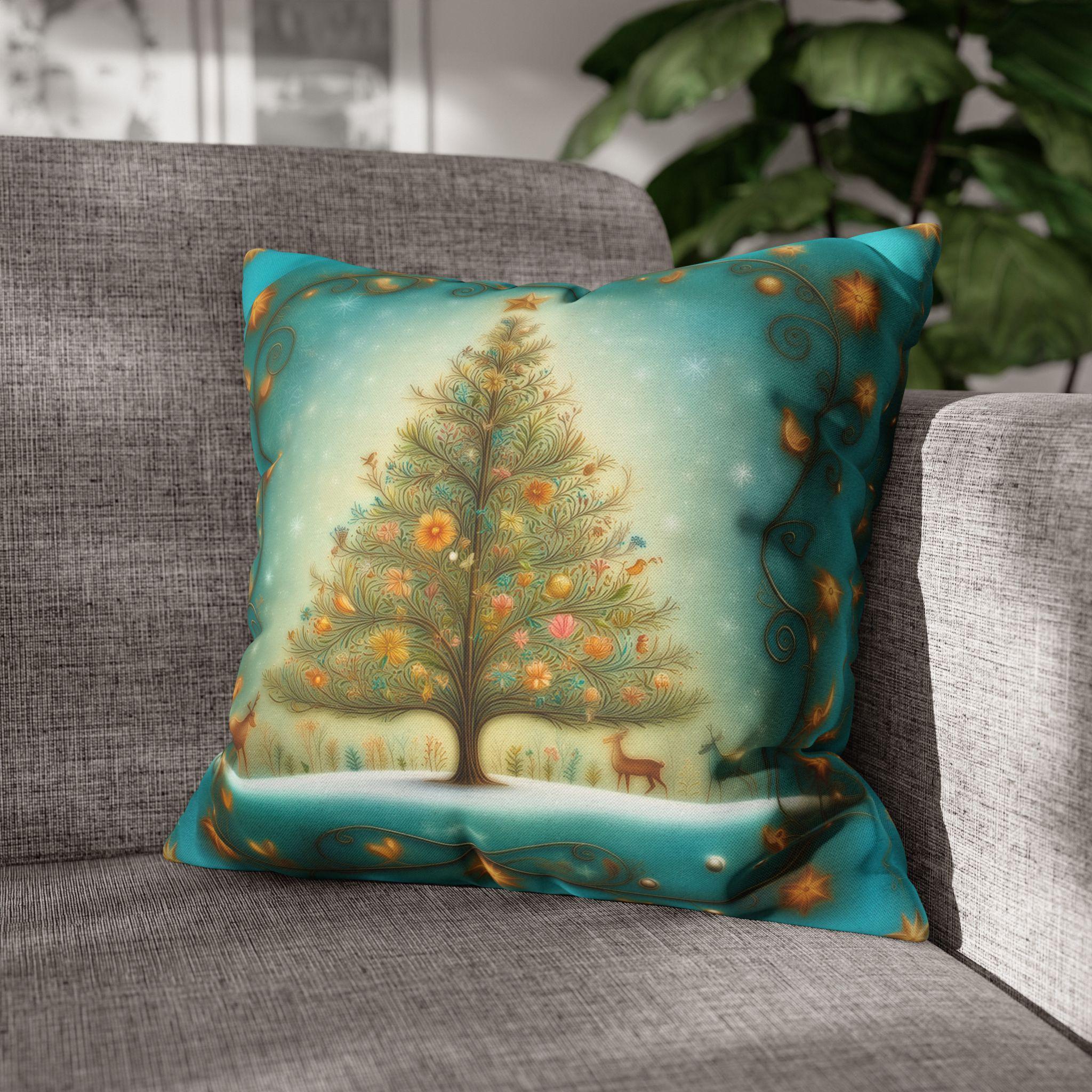 Vintage Style Teal Blue Christmas Tree Pillow Cover: Floral Winter Scene with Gold Accents