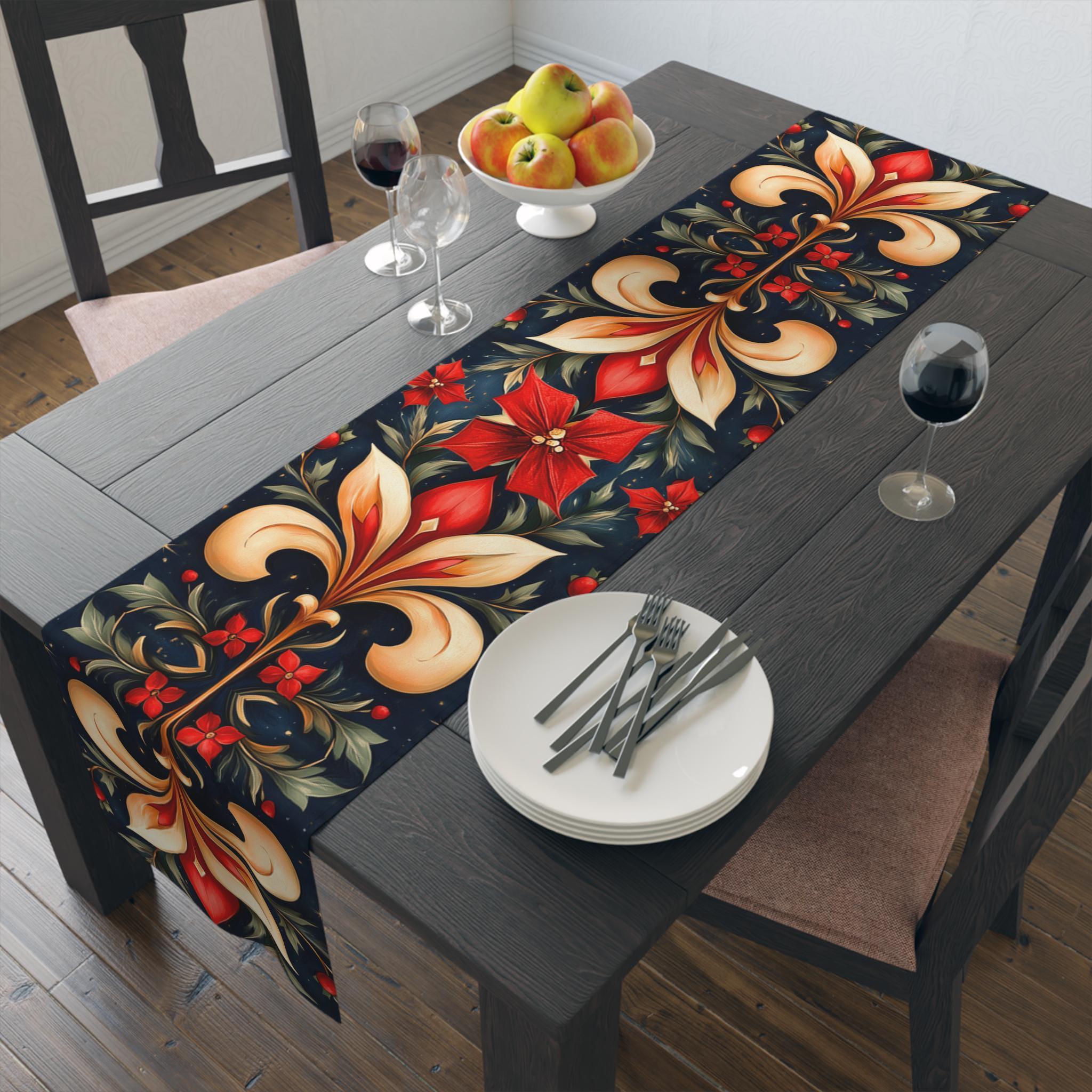 Holiday Fleur-de-lis Table Runner, Red Gold Christmas Decor