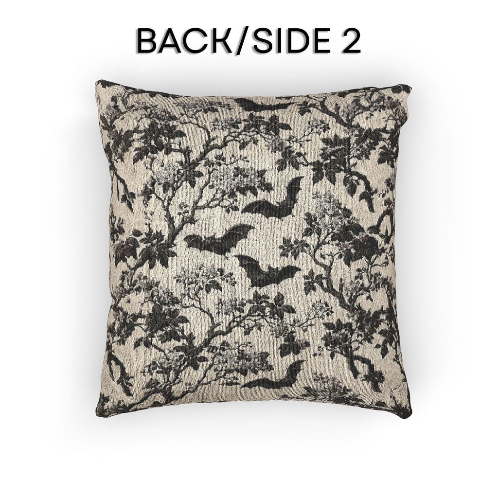 Chinoiserie Five Bats Woven Throw Pillow: Black and Cream Halloween Floral