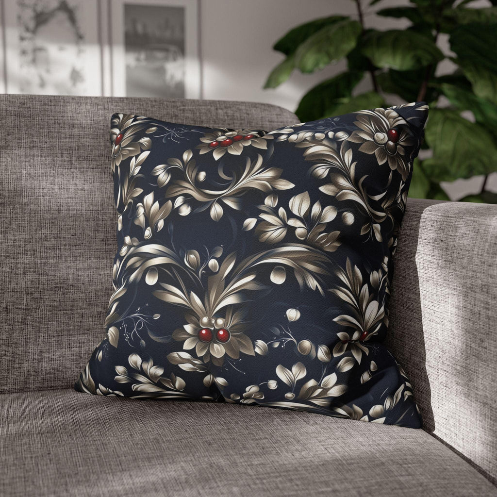 Navy Blue Holly Pillow Cover, Silver Leaf, Red Berry Christmas Decor
