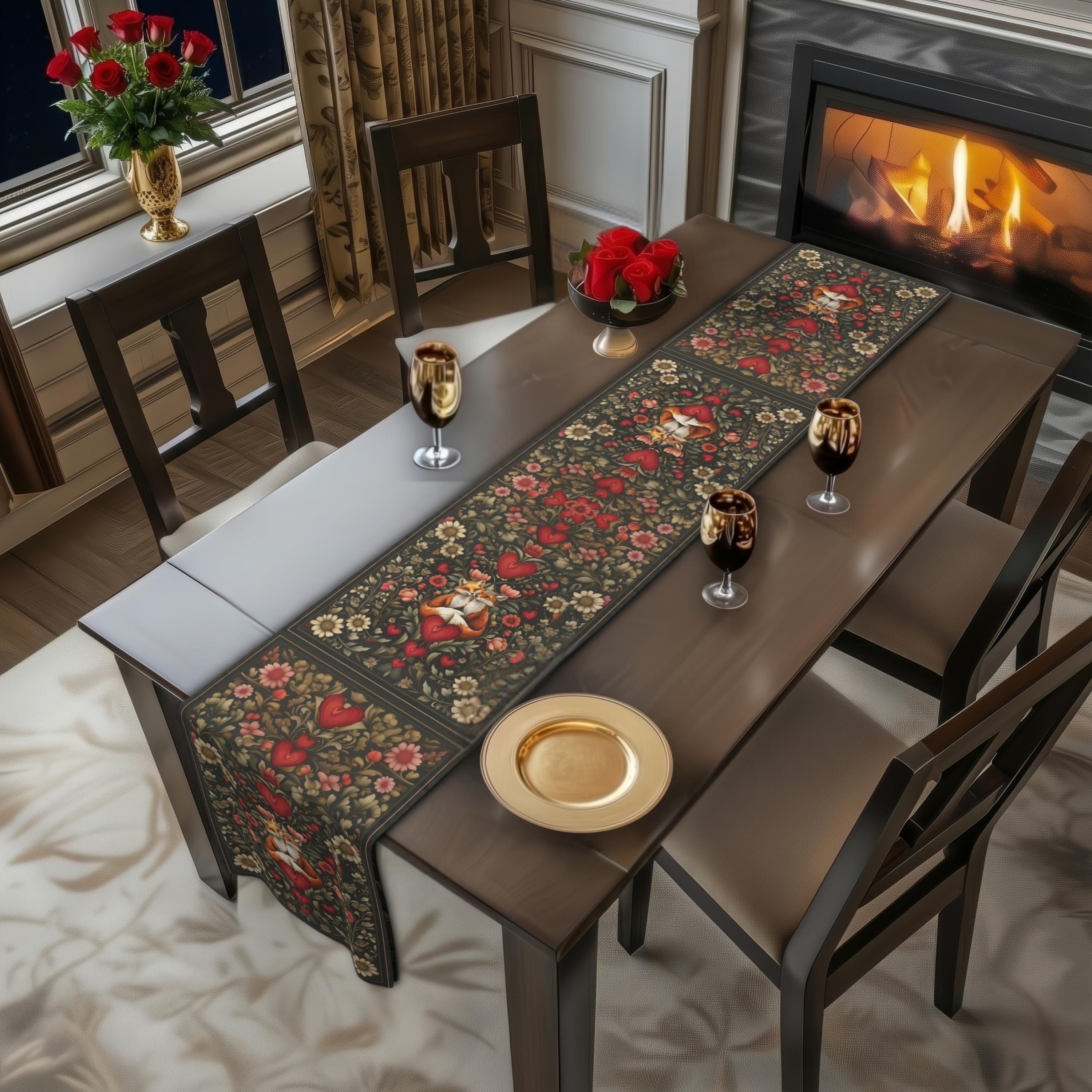 William Morris Inspired Table Runner: Fox Love Botanicals & Hearts Design