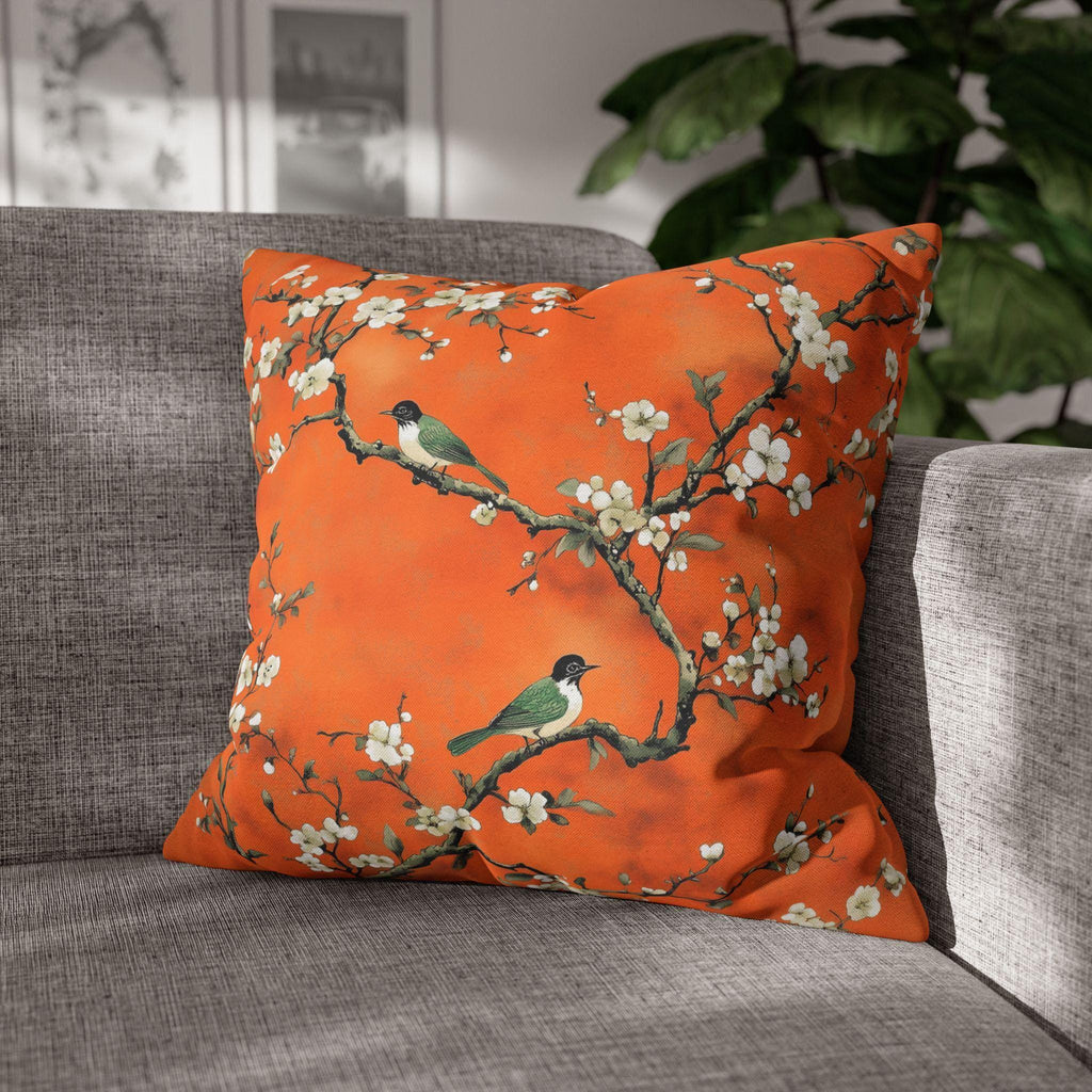 Elegant Chinoiserie Pillow Cover: Burnt Orange with White Blossoms and Birds for Asian-Inspired Decor