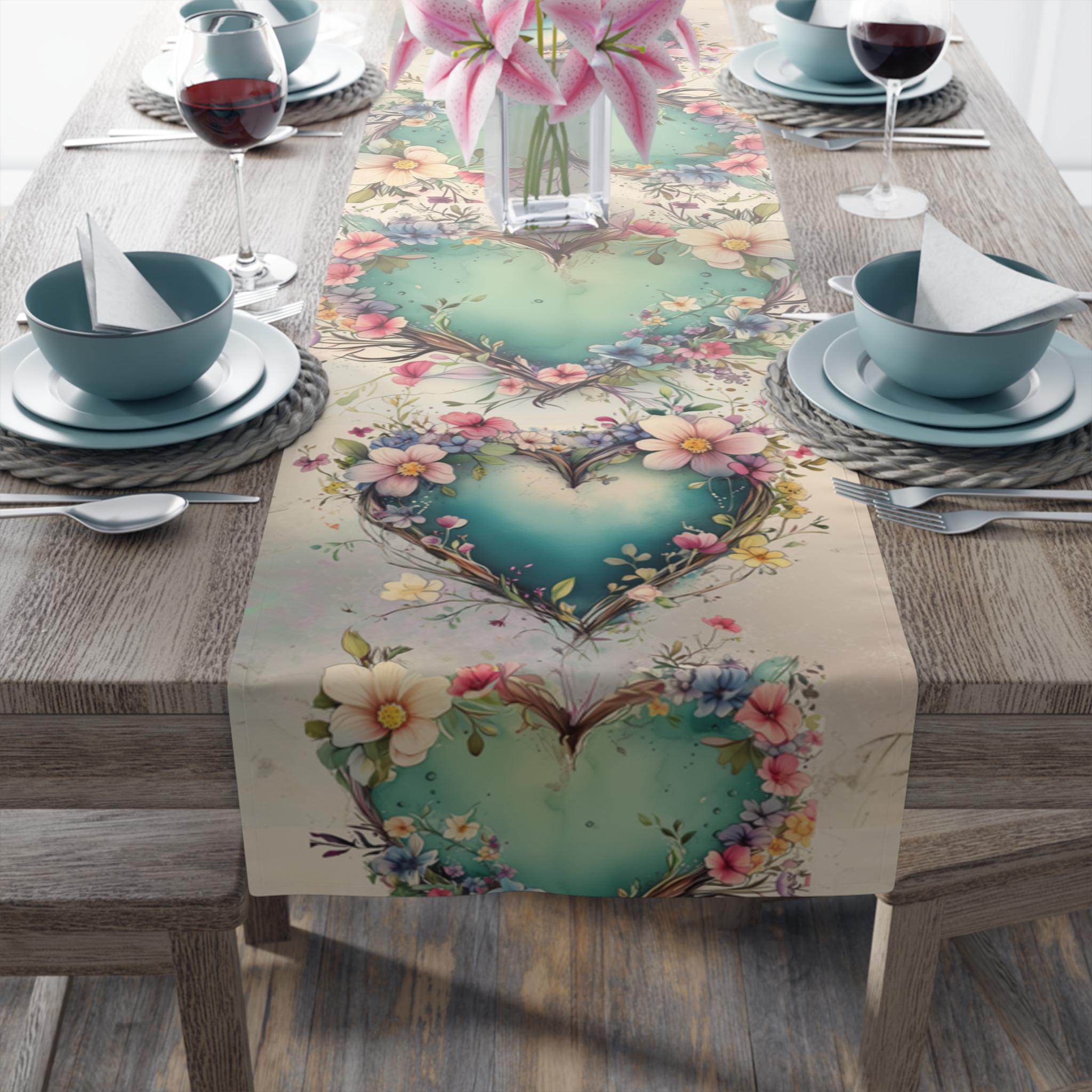 Romantic Floral Heart Table Runner: Elegant Wedding Decor & Dining Accessory for Special Occasions
